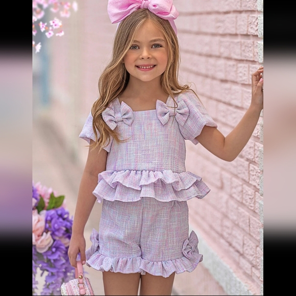 NWOT Pastel Princess Tweed Top and Shorts Set with ruffle and bow accents - Picture 2 of 2